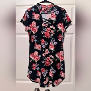 No Boundaries Floral Lace-Up Neck Short Sleeve Tunic T-shirt Dress Pink Roses